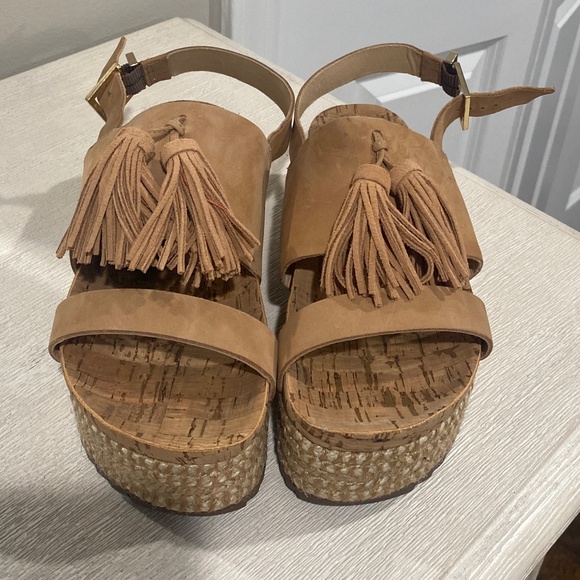 SCHUTZ- Monicca Desert Nude Suede Cork with Tassel Platform Sandal - Picture 1 of 6